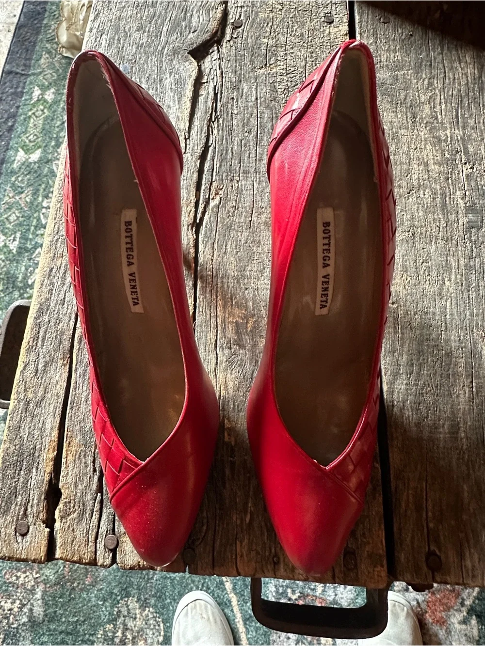 Bottega Veneta Red Woven Leather Mid-Heel Pumps
